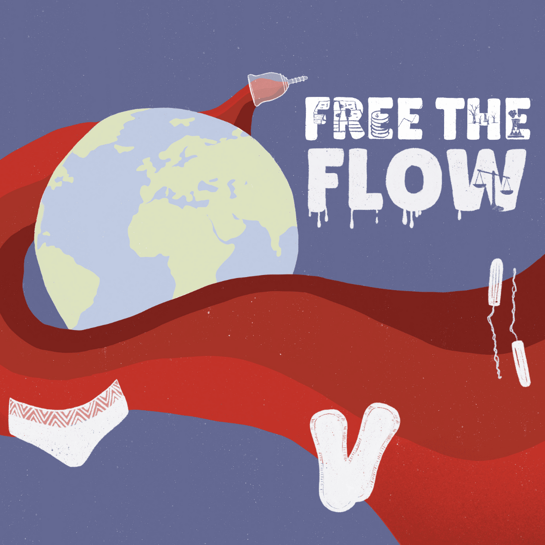 Free the Flow Campaign logo, period products orbit the earth