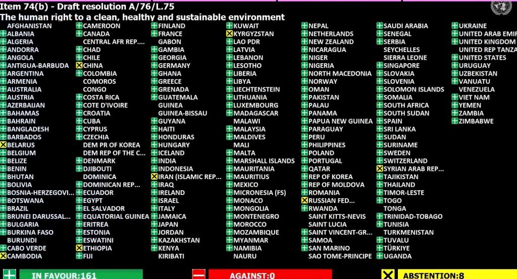 Image of the votes of all countries of the UN General Assembly to pass a resolution on the human right to a healthy environment. There were 161 votes in favour, 8 abstentions, and 0 votes against the resolution