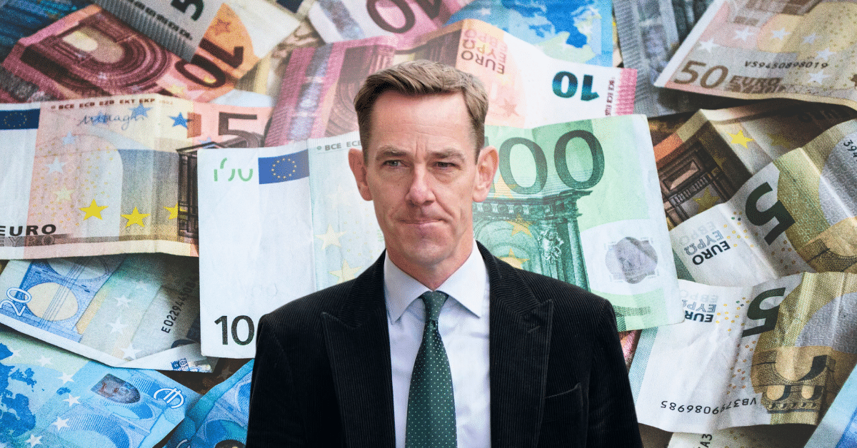 A photo of Ryan Tubridy, a white man in a black suit, white shirt and green tie. He looks a bit upset. The background is various Euro bank notes.