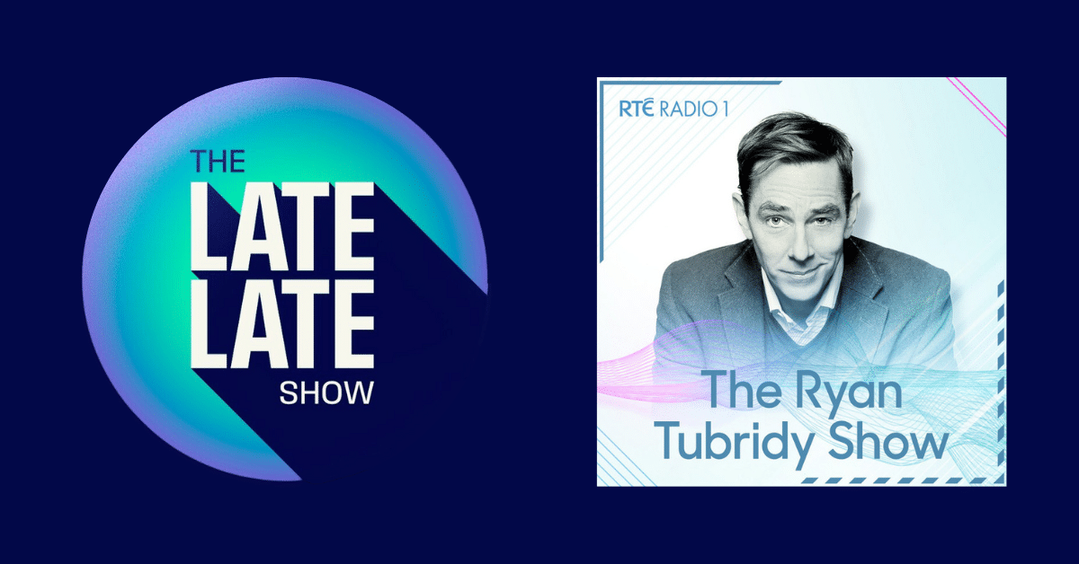 The logo for The Late Late Show (a blue and green gradient circle with the title in the centre) and the logo for The Ryan Tubridy Show (a black and white photo of Ryan Tubridy in a white square, with the text on top). The logos are side by side on a dark purple background.